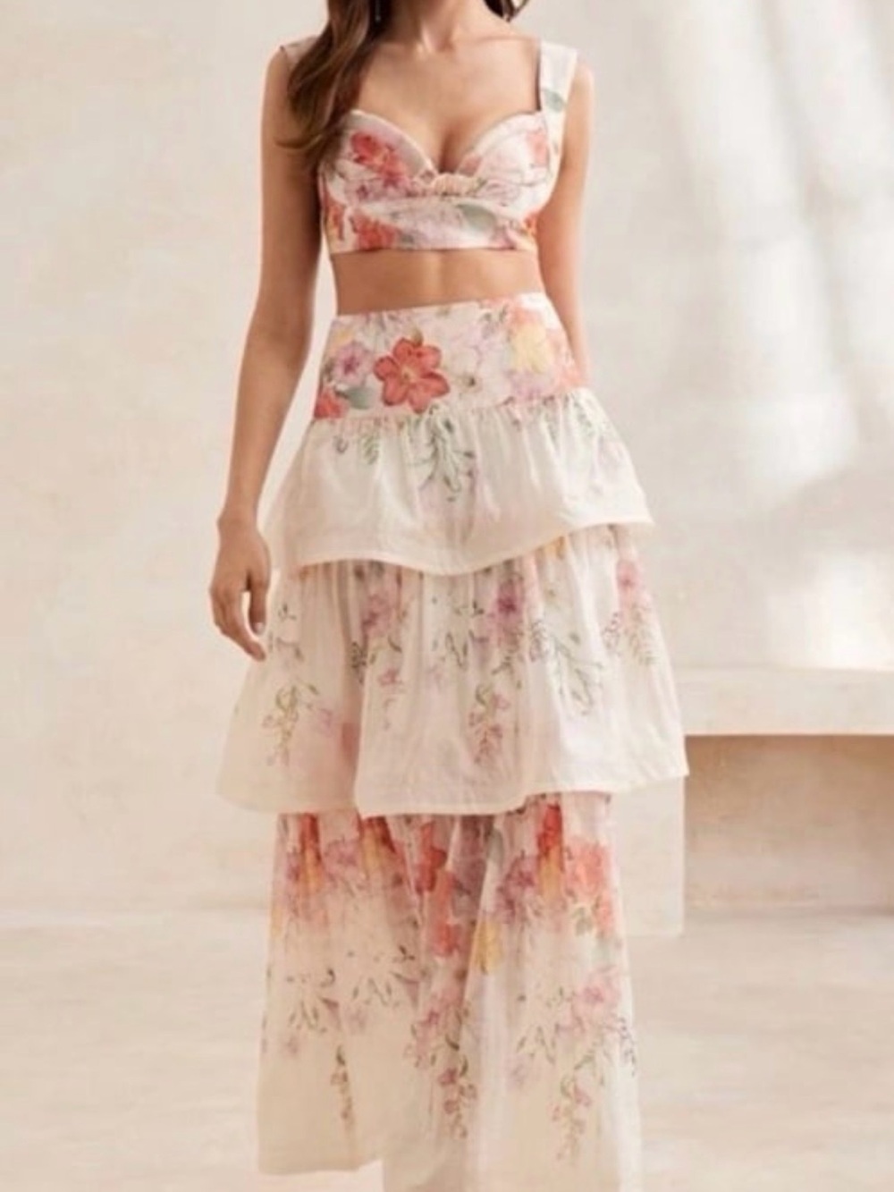 Floral Tiered Maxi Skirt in Light Floral Print - Women
